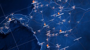 Medellin büyük veri görselleştirmesini haritalıyor. Kolombiya 'daki şehrin gelecekteki haritası. Modern mavi ve turuncu renklerde görsel harita veri karmaşıklığı.