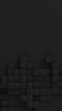 Rastgele boyutlarda siyah küpler hareket eder ve büyürler. Solda mesaj için bir yer. Soyut 3d canlandırma geometrik kavram arkaplanı.