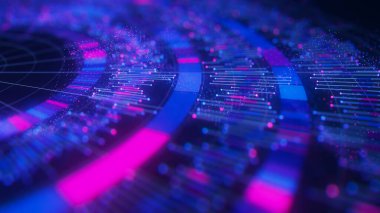 Big Data kompleksinin yuvarlak grafik arkaplanının yakın çekimi. Kuantum hesaplama evreni. Yapay zeka teknolojisinin siber uzayı. Fütürist grafik. Dijital qubit bilgi sunumu