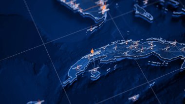 Havana haritası büyük veri görselleştirme. Küba 'daki şehrin gelecekteki haritası. Modern mavi ve turuncu renklerde görsel harita veri karmaşıklığı.