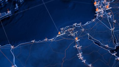 İskenderiye haritası büyük veri görselleştirme. Mısır 'daki şehrin gelecekteki haritası. Modern mavi ve turuncu renklerde görsel harita veri karmaşıklığı.