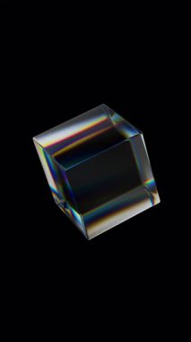 3d şeffaf, dağılım efektli parlak küp. Gökkuşağı renkleri yansıtma camı. 3d canlandırma döngüsü oluşturulabilir.