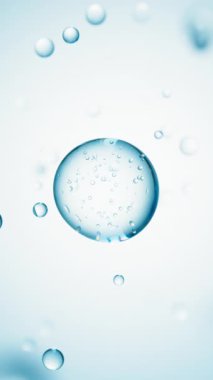 Mavi arka planda köpükler olan şeffaf mavi sıvı makro. Deri bakımı serum damlası. Kozmetik nemlendirici sıvı konsepti. 3d canlandırma döngüsü.