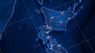 Sapporo haritası büyük veri görselleştirmesi. Japonya 'daki şehrin gelecekteki haritası. Modern mavi ve turuncu renklerde görsel harita veri karmaşıklığı.