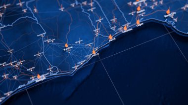 Accra haritası büyük veri görselleştirmesi. Gana 'daki şehrin gelecekteki haritası. Modern mavi ve turuncu renklerde görsel harita veri karmaşıklığı.