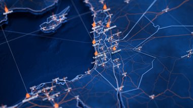 Tel Aviv haritası büyük veri görselleştirmesi. İsrail 'deki şehrin gelecekteki haritası. Modern mavi ve turuncu renklerde görsel harita veri karmaşıklığı.