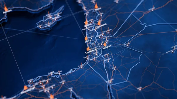Tel Aviv haritası büyük veri görselleştirmesi. İsrail 'deki şehrin gelecekteki haritası. Modern mavi ve turuncu renklerde görsel harita veri karmaşıklığı.