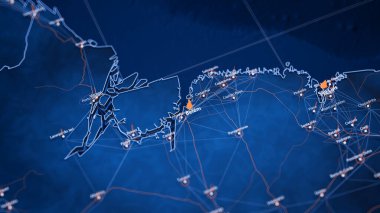 Belem haritası büyük veri görselleştirme. Brezilya 'daki şehrin gelecekteki haritası. Modern mavi ve turuncu renklerde görsel harita veri karmaşıklığı.