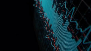 Büyük Data karmaşık grafik animasyonuna benziyor. Audio AI teknolojisinin siber uzayı. Fütürist grafik. Dijital bilgi sunumu