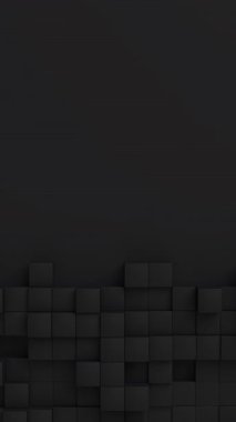 Rastgele boyutlarda siyah küpler hareket eder ve büyürler. Solda mesaj için bir yer. Soyut 3d canlandırma geometrik kavram arkaplanı.