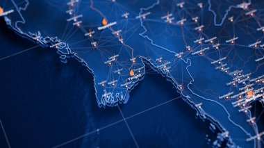 Yangon haritası büyük veri görselleştirmesi. Myanmar 'daki şehrin gelecekteki haritası. Modern mavi ve turuncu renklerde görsel harita veri karmaşıklığı.