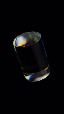 3d şeffaf, dağılım efektli parlak silindir. Gökkuşağı renkleri yansıtma camı. 3d canlandırma döngüsü oluşturulabilir.