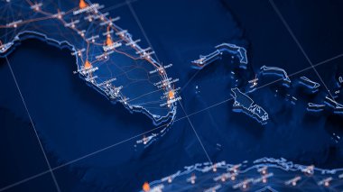 Miami haritası büyük veri görselleştirme. ABD 'deki şehrin gelecekteki haritası. Modern mavi ve turuncu renklerde görsel harita veri karmaşıklığı.