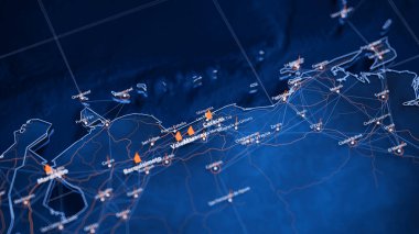 Karakas haritası büyük veri görselleştirmesi. Venezuela 'daki şehrin gelecekteki haritası. Modern mavi ve turuncu renklerde görsel harita veri karmaşıklığı.