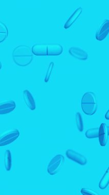 Mavi kapsüller, haplar ve haplar yavaşça mavi arka plana düşüyor. İlaçlar, haplar, haplar, ilaç konsepti. 3d canlandırma döngüsü oluşturulabilir.
