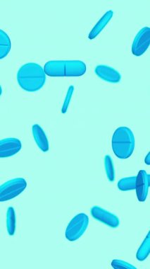 Mavi kapsüller, haplar ve haplar yavaş yavaş arka plana düşüyor. İlaçlar, haplar, haplar, ilaç konsepti. 3d canlandırma döngüsü oluşturulabilir.