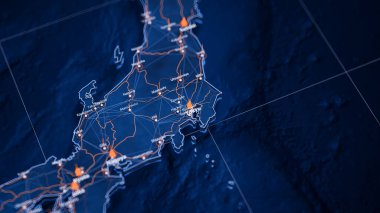 Tokyo haritası büyük veri görselleştirme. Japonya 'daki şehrin gelecekteki haritası. Modern mavi ve turuncu renklerde görsel harita veri karmaşıklığı.