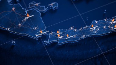 Nairobi haritası büyük veri görselleştirmesi. Endonezya 'daki şehrin gelecekteki haritası. Modern mavi ve turuncu renklerde görsel harita veri karmaşıklığı.