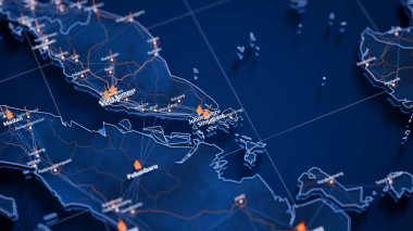 Singapur haritası büyük veri görselleştirmesi. Singapur 'daki şehrin gelecekteki haritası. Modern mavi ve turuncu renklerde görsel harita veri karmaşıklığı.