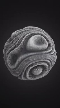 Parlak beyaz toplardan oluşan soyut küre üzerindeki bozulma dalgaları. Küresel nokta dizisinin dijital veri sıçraması. Yuvarlak dalga boyu UI elementi. Fütüristik hata.