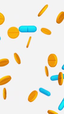 Mavi turuncu kapsüller, haplar ve haplar yavaşça beyaz arka plana düşüyor. İlaçlar, haplar, haplar, ilaç konsepti. 3d canlandırma döngüsü oluşturulabilir.