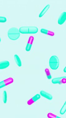 Mor renkli kapsüller, haplar ve haplar yavaş yavaş arka plana düşüyor. İlaçlar, haplar, haplar, ilaç konsepti. 3d canlandırma döngüsü oluşturulabilir.