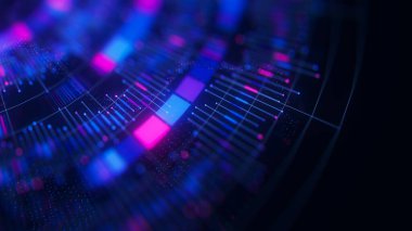 Big Data kompleksinin yuvarlak grafik arkaplanının yakın çekimi. Kuantum hesaplama evreni. Yapay zeka teknolojisinin siber uzayı. Fütürist grafik. Dijital qubit bilgi sunumu