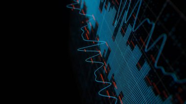 Big Data ses arkaplanının sığ DOF ile yakınlaştırılması. Audio AI teknolojisinin siber uzayı. Fütürist grafik. Dijital ses bilgisi sunumu