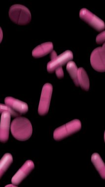 Magenta tablets fall and fill the screen . Drugs, pills, tablets, medicine concept. 3d render animation.