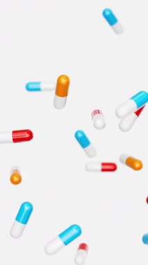 Red, blue, orange capsules slowly fall against white backdrop. Drugs, pills, tablets, medicine concept. 3d render animation loopable.