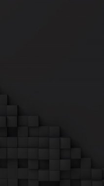 Rastgele boyutlarda siyah küpler hareket eder ve büyürler. Solda mesaj için bir yer. Soyut 3d canlandırma geometrik kavram arkaplanı.