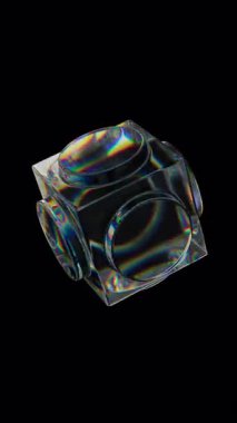 3d şeffaf, dağılım efektli parlak küp. Gökkuşağı renkleri yansıtma camı. 3d canlandırma döngüsü oluşturulabilir.