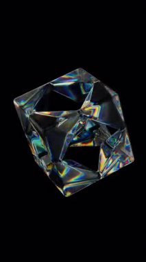 3d şeffaf, dağılım efektli delikleri olan parlak bir küp. Gökkuşağı renkleri yansıtma camı. 3d canlandırma döngüsü oluşturulabilir.