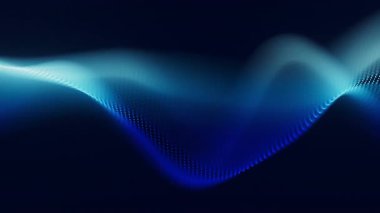 Ses mavisi dalga formu dijital parçacık hareket döngüsü arka planı. Soyut müzik nokta dalgaları eşitleyici. Fütürist ses dalgası görselleştirmesi. Yapay zeka sentetik ses teknolojisi. Akort izi. Bozulmuş frekanslar