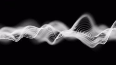 Ses beyazı dalga formu dijital hareket döngüsü arkaplanı. Soyut müzik dalgaları eşitleyici. Fütürist ses dalgası görselleştirmesi. Yapay zeka sentetik ses teknolojisi. Akort izi. Bozulmuş frekanslar