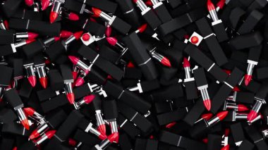 Parlak metalik parçaları olan siyah tüpler içinde açılıp kapatılan kırmızı ruj parçalarının üzerinde döndür. Moda, kozmetik, makyaj animasyon 3D canlandırma döngüsü.