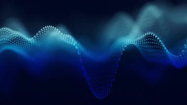 Ses mavisi dalga formu dijital parçacık hareket döngüsü arka planı. Soyut müzik nokta dalgaları eşitleyici. Fütürist ses dalgası görselleştirmesi. Yapay zeka sentetik ses teknolojisi. Akort izi. Bozulmuş frekanslar
