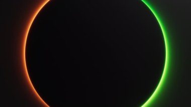 Yeşil turuncu neon ışık koyu arkaplanda siyah yuvarlak çerçeve etrafında hareket ediyor. Kusursuz sınır döngüsü ışıltı canlandırması