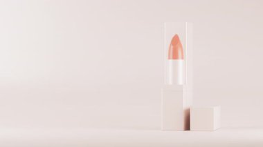 Bej tüpte parlak şeftali rengi ruj, arka planda duruyor. Moda, kozmetik, makyaj animasyonu 3D