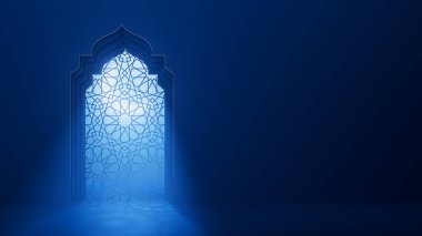 Süslü pencereden İslami camiye doğru mavi ay ışığı parlıyor. Ramazan Kareem İslam 'ın arka planında metinler yer alıyor. Geleneksel bayram zarif 3D arkaplan
