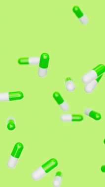 Yeşil kapsüller yavaşça yeşil zemine çarpıyor. İlaçlar, haplar, haplar, ilaç konsepti. 3d canlandırma döngüsü oluşturulabilir.