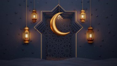 Süslü camlı siyah İslami iç mekan, altın ay ve fener animasyonları asılı. Ramazan Kareem İslam 'ın sihirli kıvılcımlarla donatılmış geçmişi. Tatil zarif animasyon 3D arkaplan.
