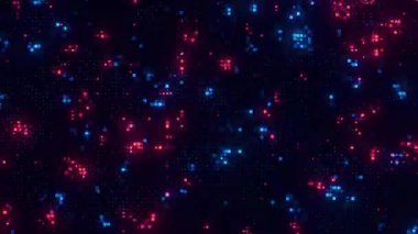 Yüksek teknoloji veri işleme animasyonu. Ai, yapay zeka matris teknolojisi. Yanıp sönen kubitler ya da dijital veri pikselleri. Fütürist iletim konsepti döngüsü.