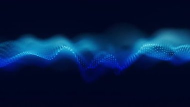 Ses mavisi dalga formu dijital parçacık hareket döngüsü arka planı. Soyut müzik nokta dalgaları eşitleyici. Fütürist ses dalgası görselleştirmesi. Yapay zeka sentetik ses teknolojisi. Akort izi. Bozulmuş frekanslar