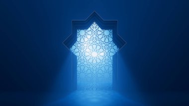 Süslü pencereden İslami camiye doğru mavi ay ışığı parlıyor. Ramazan Kareem İslam geçmişi. Geleneksel bayram zarif 3D arkaplan