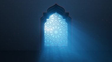 Ay ışığı dekoratif pencereden İslami camiye doğru parıldıyor. Ramazan Kareem İslam 'ın geçmişi. Tatil zarif animasyon 3D arkaplan