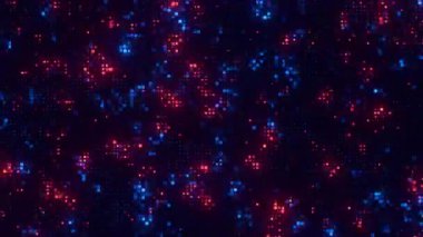 Yüksek teknoloji veri işleme animasyonu. Ai, yapay zeka matris teknolojisi. Yanıp sönen kubitler ya da dijital veri pikselleri. Fütürist iletim konsepti döngüsü.