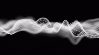 Ses beyazı dalga formu dijital hareket döngüsü arkaplanı. Soyut müzik dalgaları eşitleyici. Fütürist ses dalgası görselleştirmesi. Yapay zeka sentetik ses teknolojisi. Akort izi. Bozulmuş frekanslar