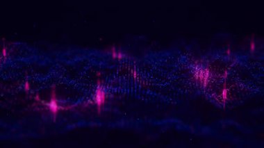 Fütürist mavi menekşe teknolojisi parlayan veri noktalarıyla nokta dalga hareketi. Dijital yapay zeka siber uzay konsepti. Hareketli noktalı soyut dijital dalga. Büyük veri akış analizi canlandırması