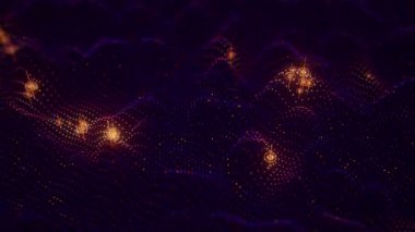 Geleceğin mavi turuncu teknolojisi parlayan veri noktalarıyla nokta dalga hareketi. Dijital yapay zeka siber uzay konsepti. Hareketli noktalı soyut dijital dalga. Büyük veri akış analizi canlandırması
